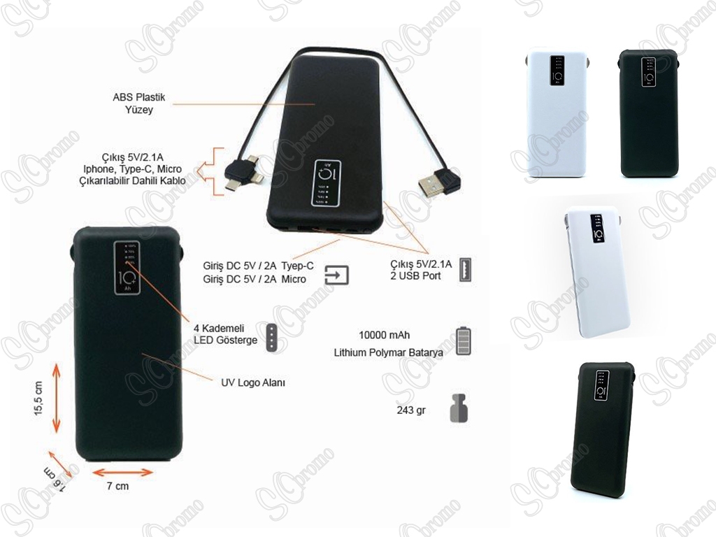10000 mAh Powerbank (Dahili Kablolu)