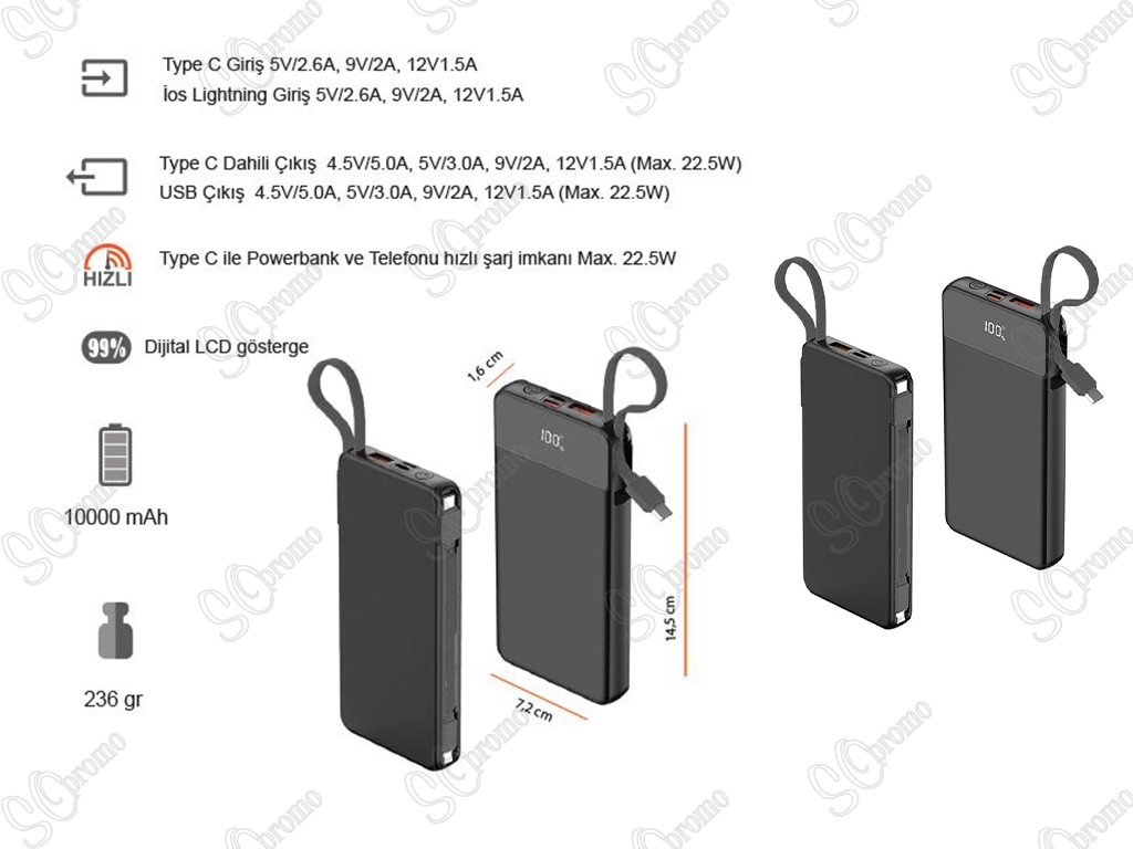 10000 mAh 22.5W Hızlı Sarjlı (Dahili Kablolu) Powerbank