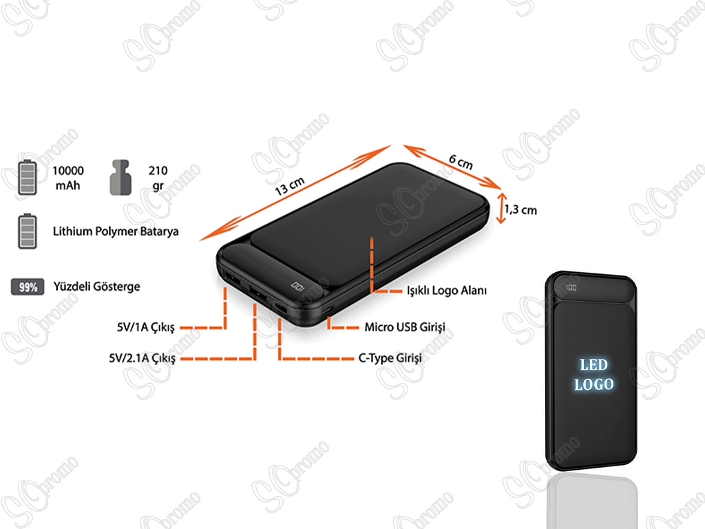 10000 mAh Işıklı Powerbank