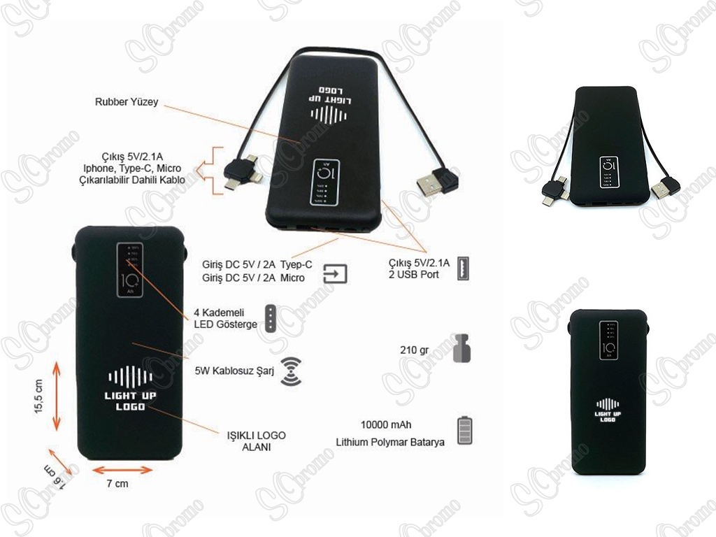 10000 mAh Işıklı Wireless Powerbank (Dahili Kablolu)