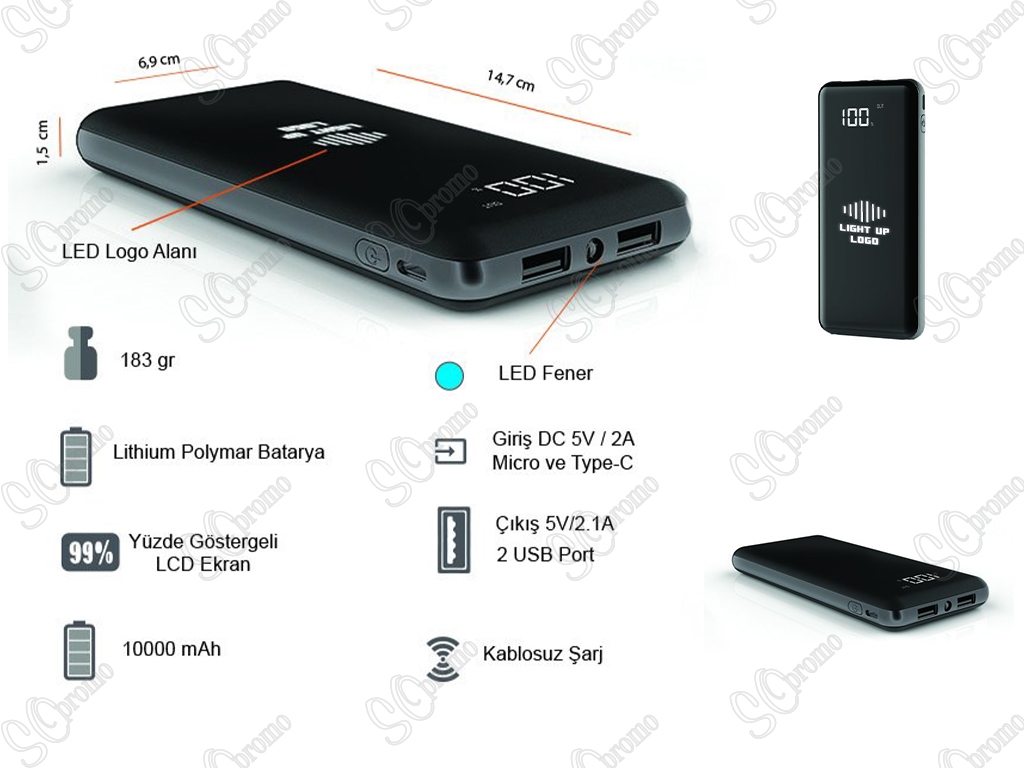 10000 mAh Işıklı Wireless Göstergeli Kauçuk Powerbank