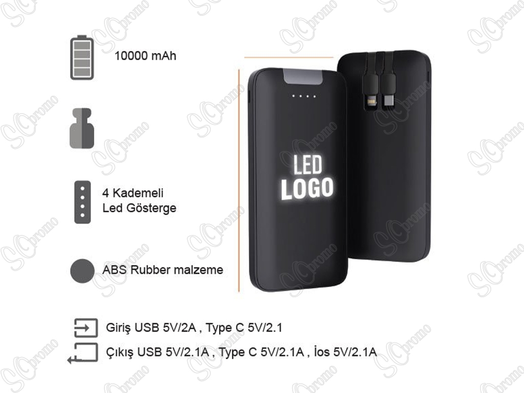 10000 mAh Işıklı Kendinden Kablolu Powerbank