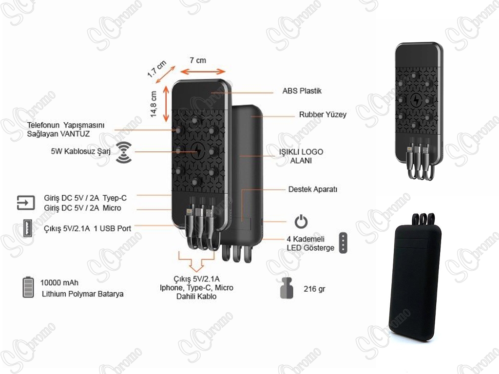 10000 mAh Işıklı Wireless Powerbank (Dahili Kablolu)