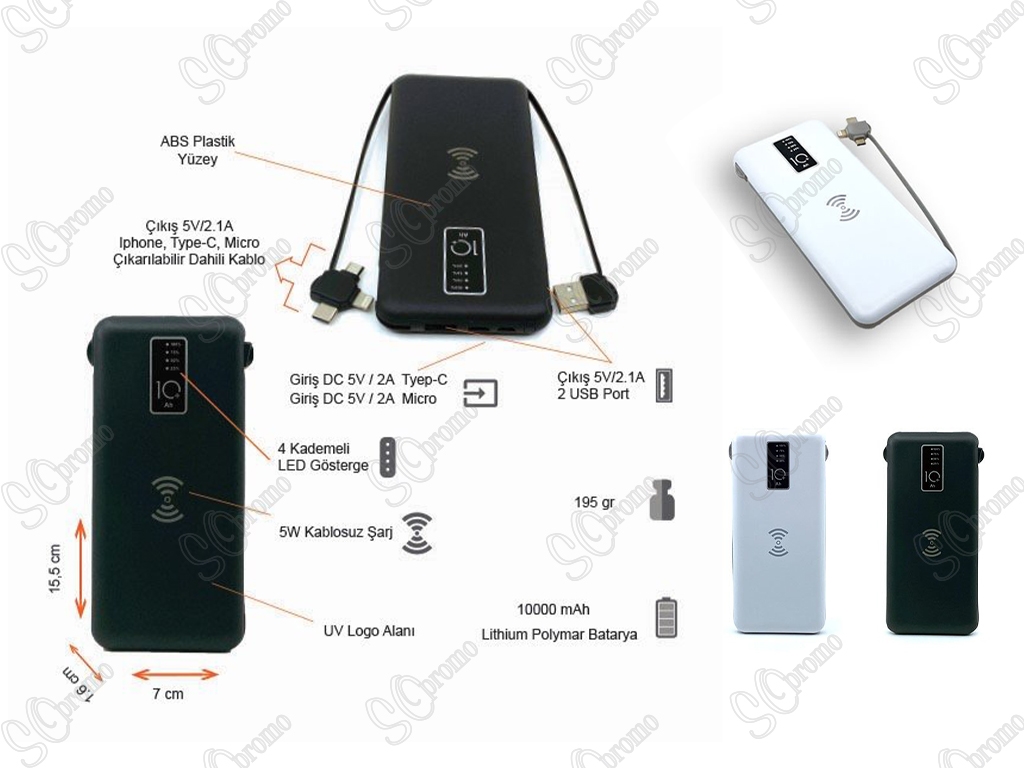 10000 mAh Wireless Powerbank (Dahili Kablolu)