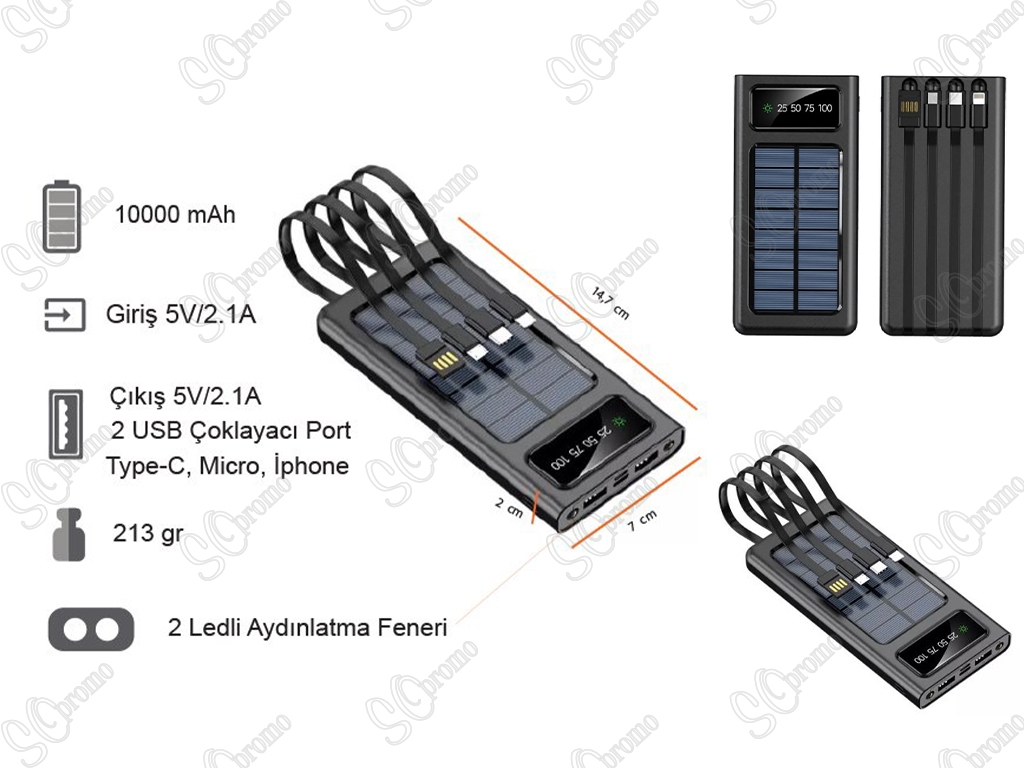 10000 mAh Güneş Enerjili (Dahili Kablolu) Powerbank